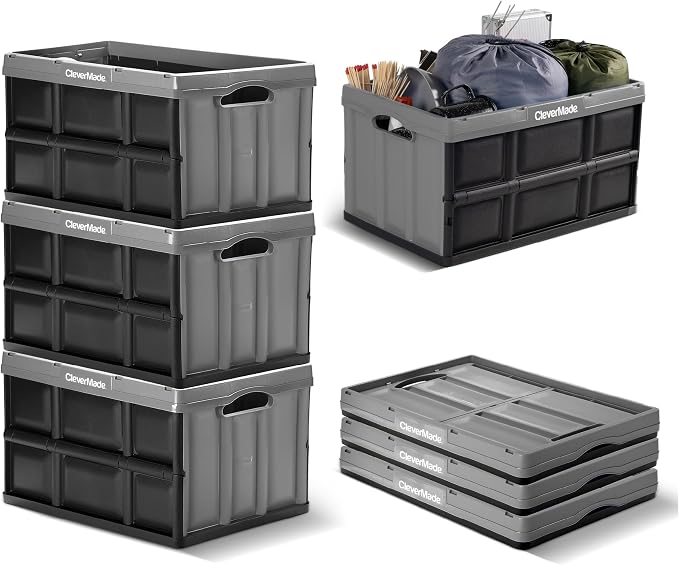 CleverMade Collapsible Storage Bins, 46L, 3 Pack Foldable Storage, Ocean | Carry Groceries, Tools, and Gear Without Bulky Totes | Each Bin Holds 75 lb, Stacks Securely, and Folds to 2.75 Inches