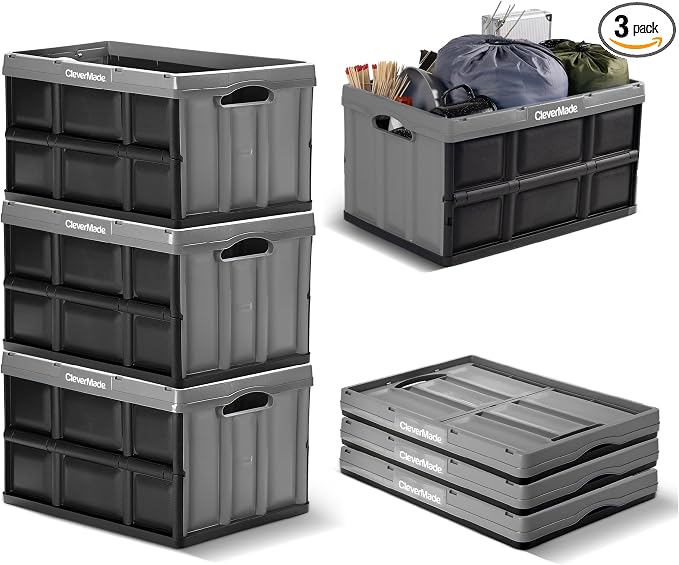 CleverMade Collapsible Storage Bins, 62L, 3 Pack Foldable Storage, Stone | Haul Bulk Groceries and Oversized Gear in Fewer Trips | Each Bin Holds 100 lb, Stacks Securely, and Folds to 2.75 Inches