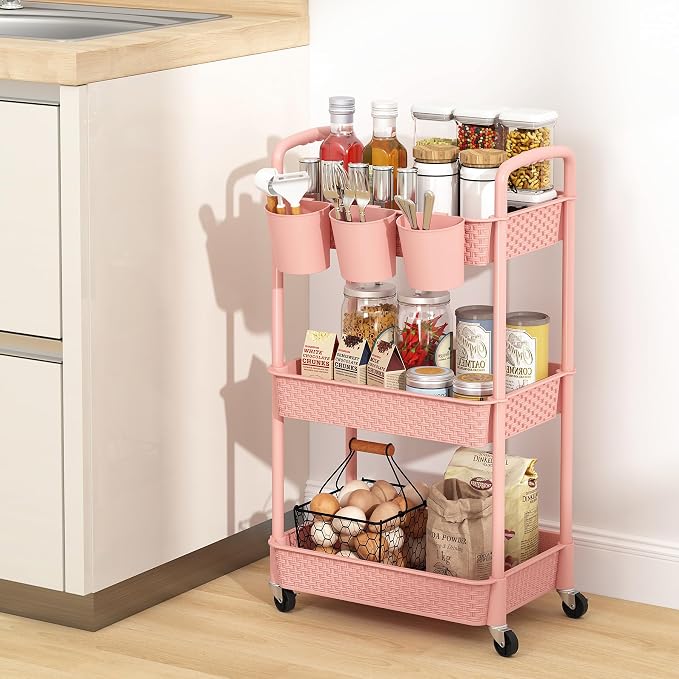 MOYIPIN 3-Tier Plastic Rolling Utility Cart with Handle,Pink | Utility Storage Cart for Office, Living Room, Kitchen,Movable Storage Organizer，Easy installation，Rattan-like art design