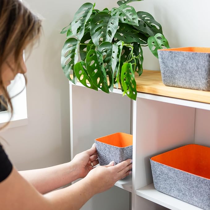 Three by Three Seattle Tapered Felt Storage Bins 2-Pack 9x9 Charcoal/Orange | Recycled felt tapered bins; soft non-scratch; 5"x5" fits most drawers; organize desk, office, bathroom, bedroom & entryway