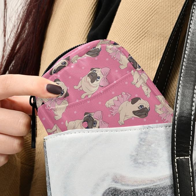 Fustylead Cute Cartoon Pugs Puppies in Pink Ballerina Tutu Bow and Dots Pill Organizer for Purse, Weekly Portable Pill Box with Zipper to Storage Vitamins Fish Oils Medications Supplements
