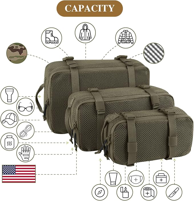 3 PCS Tactical Modular Packing Cubes, Large Capacity Mesh Storage Bag,Outdoor Travel Organize Storage Pouches Bags.