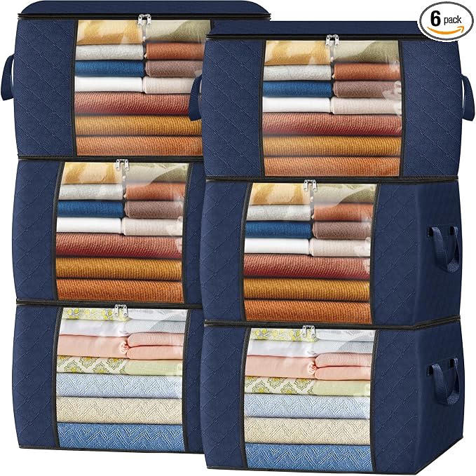 90L Clothes Storage, Foldable Thick Fabric Blanket Storage Bags | Foldable Containers with Zippers,Window and Handles for Organizing Bedroom, Closet, Comforter, Bedding,Dorm essentials