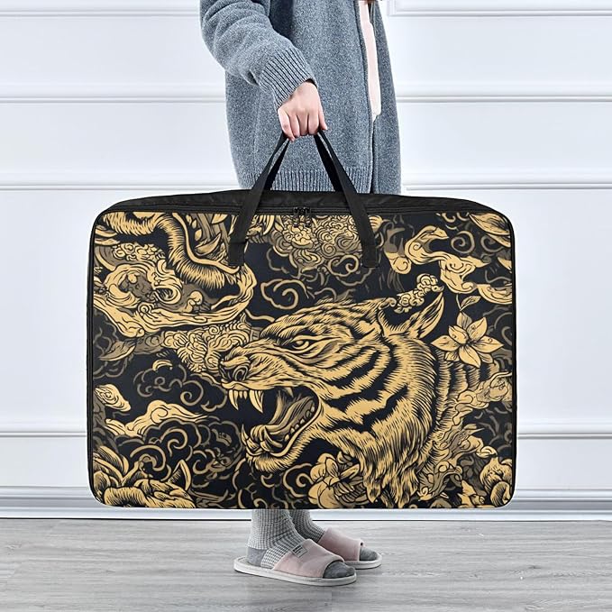 Comforter Storage Bags Large Folding Blanket Organizer Bag with Strong Handles Clear Window Closet Storage Containers for Clothes King Queen Pillows Bedding Quilt Duvet Tigers Tattoo Gold