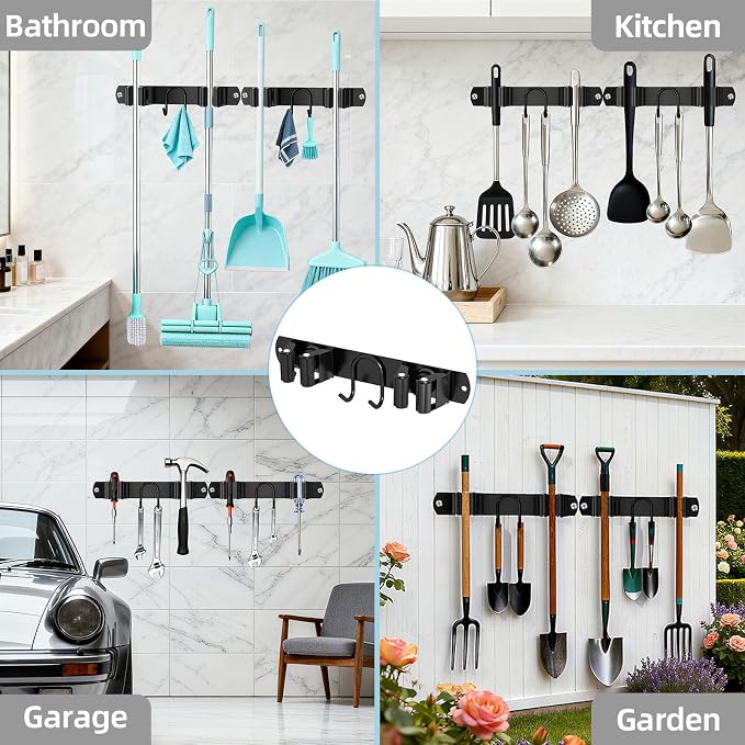 Broom Holder Wall Mount, 2-Pack Stainless Steel Mop and Broom Organizer, Broom Hanger with 2 Slots 2 Hooks for Home Kitchen, Garage, Garden and Laundry Room, Black