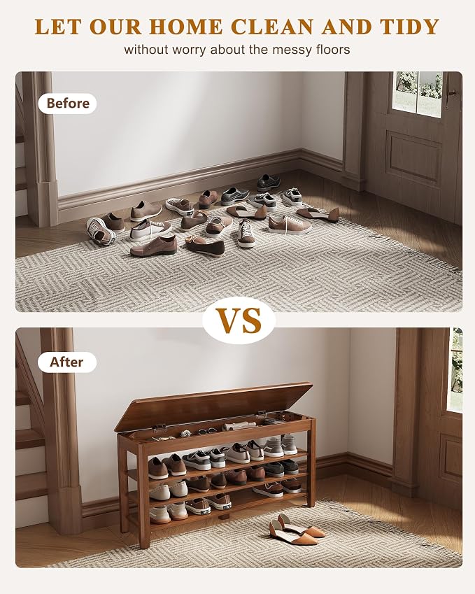 IUNVR Shoe Rack Bench Seat Rubberwood 3-Tier Wooden Storage Bench 550lbs Compact Mid-Century Modern Design for Entryway, Hallway, Closet, Front Door Entrance, Foyer