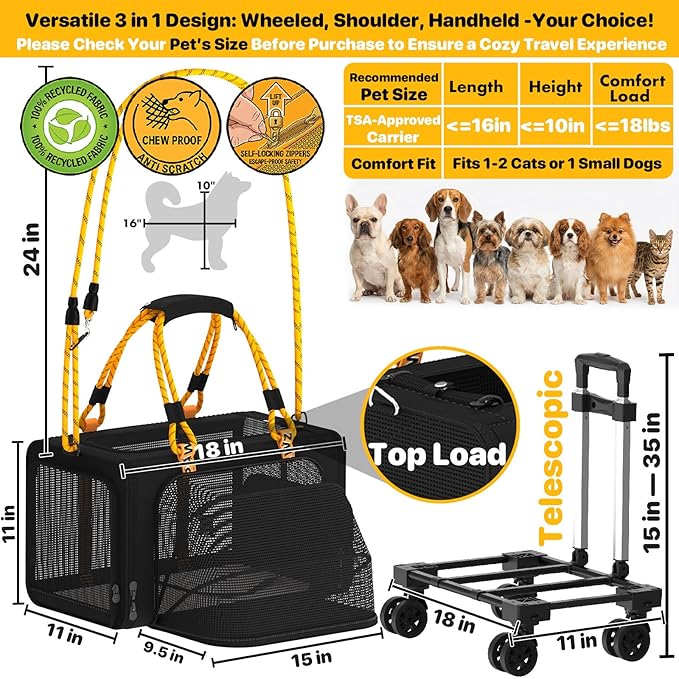 PAWZIDEA Expandable Pet Carrier with Wheels, TSA Airline Approved, Up 18lbs | 18x11x11 Underseat, Rolling Soft-Sided Carrier for Large Cats & Small Dog Travel Bag, Self-Locking Zippers, Telescopic Handle