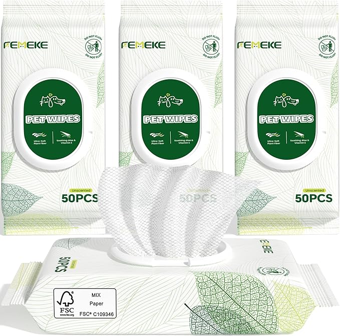 Unscented Dog Wipes & Cat Wipes (4x50 Packs) | Hypoallergenic, pH Balanced for Paws, Body, Eyes & Ears Grooming |All-Natural Plant Fiber Wipes with Aloe & Vitamin E | Pearl Texture