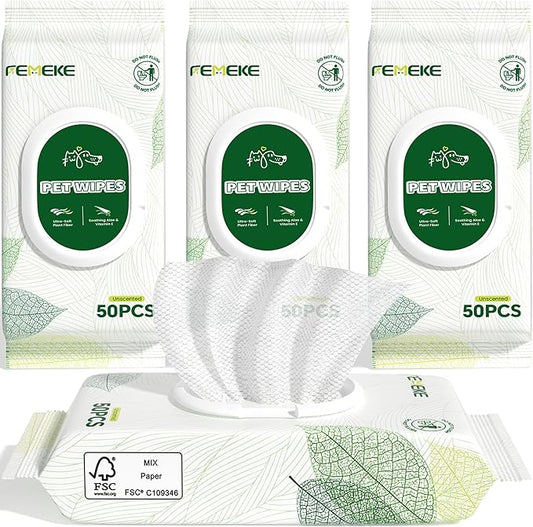 Unscented Dog Wipes & Cat Wipes (4x50 Packs) | Hypoallergenic, pH Balanced for Paws, Body, Eyes & Ears Grooming |All-Natural Plant Fiber Wipes with Aloe & Vitamin E | Pearl Texture