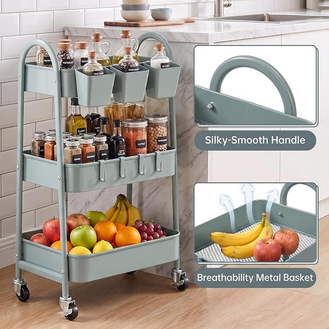 danpinera 3-Tier Rolling Cart, Utility Cart Mobile Metal Rolling Storage Cart with Lockable Wheels & Hanging Cups & Hooks for Kitchen, Bathroom, Office, Workshop, Gray Blue
