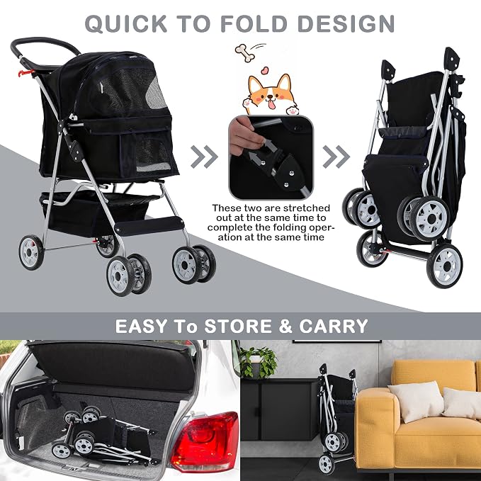 Pet Stroller,4 Wheels Dog Stroller with Storage Basket,Compact Portable Folding Carrier for Travel,Camping,Dog Carrier for Small Medium Dogs Or Cats,Lightweight Waterproof Pet Stroller,Black