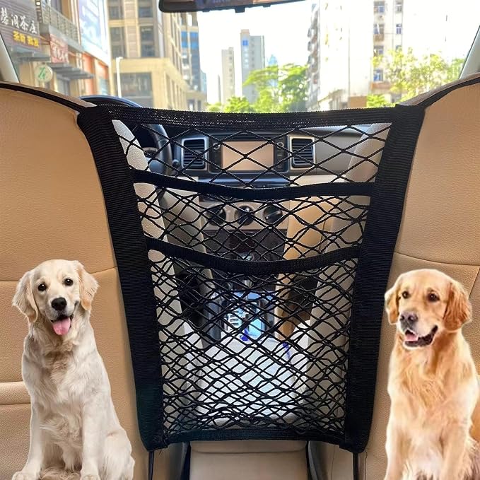 3-Layer Car Mesh Organizer, Seat Back Net Bag | Barrier of Backseat Pet Kids, Cargo Tissue Purse Holder, Driver Storage Netting Pouch, Upgrade Stretch Length