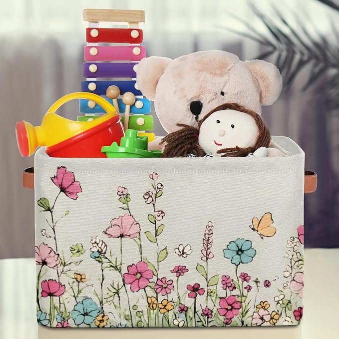 Rectangle Storage Baskets for Organizing - Foldable Storage Bin Cubes with Handles, Large Organizer Bins Boxes Toy Closet Shelf Nursery Laundry Basket, 1 Pcs(Wildflowers Floral)