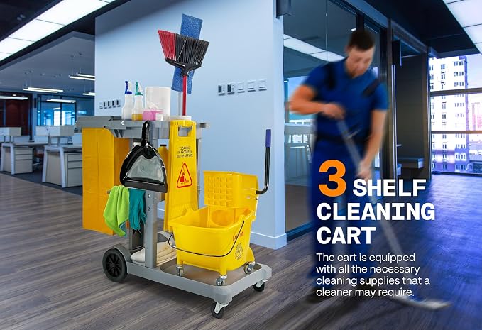 Commercial Janitorial Cart | 3 Shelves | 25 Gallon Vinyl Bag | Adjustable Shelf | 500 LBS Capacity