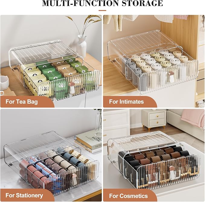 Sock Underwear Drawer Organizer - 24 Compartment Clear Acrylic Storage Bins with Removable Dividers for Closet, Stackable Dresser Drawer Box for No-Mess Socks, Tiers, Baby Clothes, Belt, Tea Bag