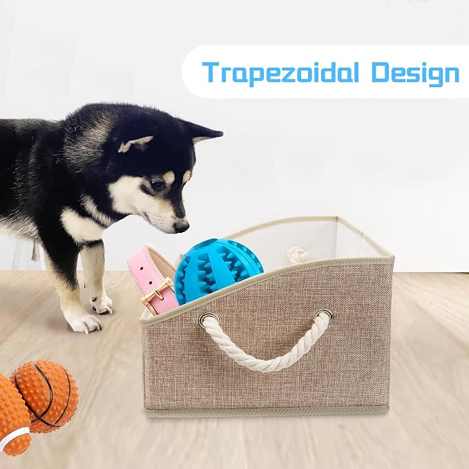 Dog Toy Basket, Storage Bin, Collapsible Box for Pet Accessories | Fabric Container With Handle, Trapezoid Holder for Small Medium dogs, Organizer for Living Room, Yellow
