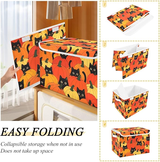 Pumpkin Cat Fabric Storage Bins with Lid Foldable Storage Boxes 40L Baskets | Foldable & Stackable, Flip Top Dust Guard, Reinforced Handles, Home & Bedroom, Clothes & Toys, Oxford Print Basket