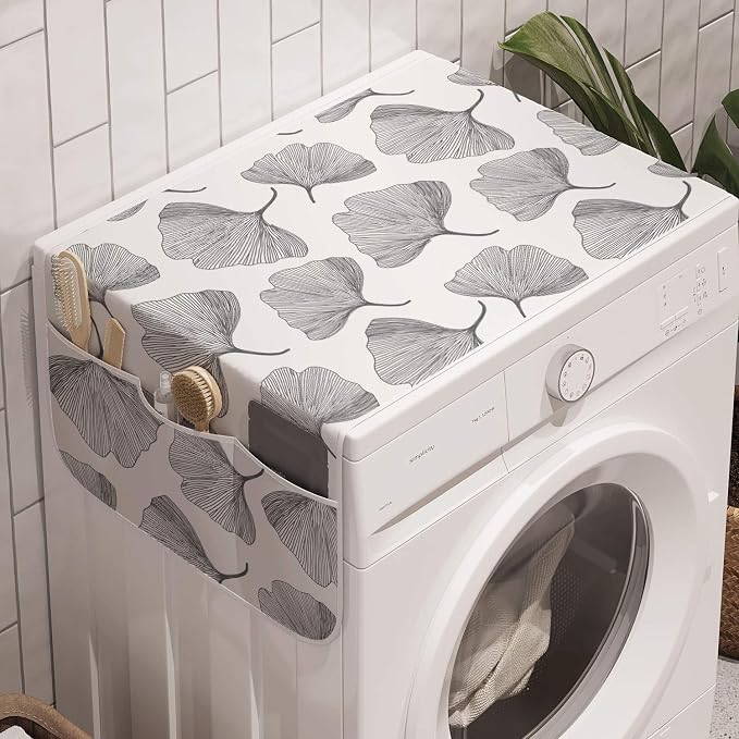 Ambesonne Gingko Washing Machine Organizer, Minimalist Style Nature Leafage Simplistic Growth Herbs Print, Anti-slip Fabric Cover for Washers and Dryers, 47" x 18.5", White Black
