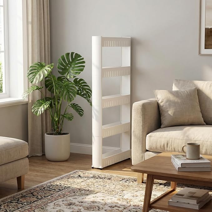 Lavish Home Slim Rolling Storage Cart, White, 21.5” x 5” x 52”