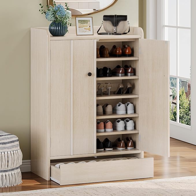 Jehiatek Light Oak Wood Shoe Cabinet with Adjustable Shelves & Large Bottom Drawer,Freestanding Closed Shoe Storage Organizer with Doors,Entryway Shoe Rack for Heels Boots Sneakers Hallway Living Room