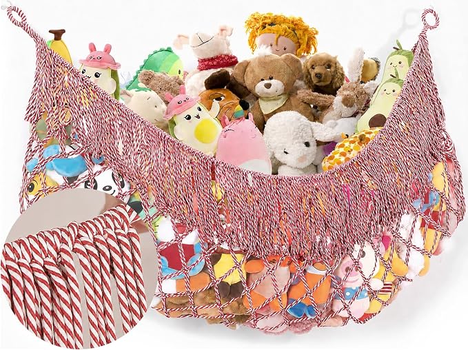 Stuffed Animal Hammock - Extra Large 63'' Long (Red-White) | Premium Cotton Hand-knitted, Beautiful Long Tassel, Storage Hanging Organizer, Can Fit Stuffed Animals 40 Piece or More