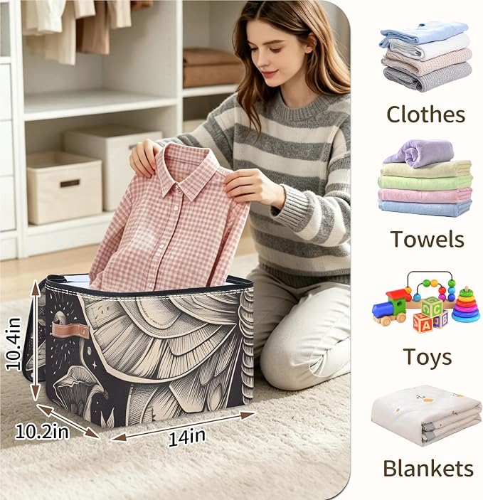 Boho Witchy Moth Foldable Storage Bin with Lid Zipper | Closet Shelf Organizer, Boxes, Basket Containers for Home, Lidded Storage Cube for Bedroom, Waterproof, with Handles