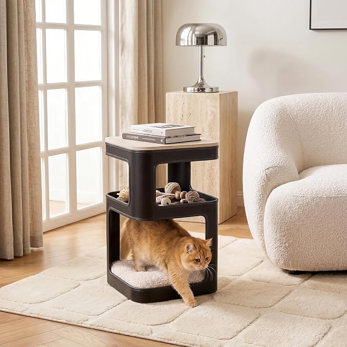 EUREKA ERGONOMIC Side Table Cat Beds, Square End Table with Cat House, Metal Nightstand with 3 Tier Storage, Modern Side Table End Beside Table for Living Room Bedroom Indoor, Easy Assembly, Black