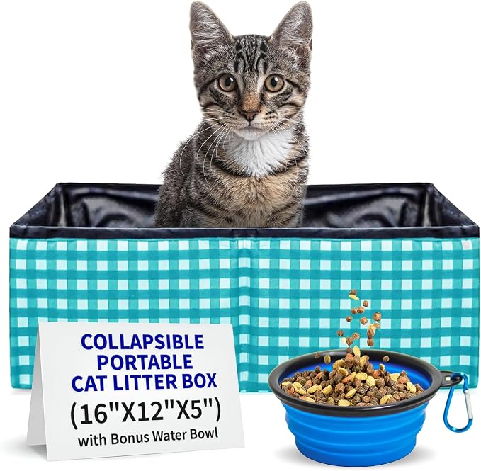 Pet Fit For Life Vibrant Collapsible Travel Cat Litter Box 16"x12"x5" Teal | Portable, Foldable Pop-Up Litter Box with Bonus Water Bowl. Compact Design Folds Flat for Travel, Camping and Home Use.