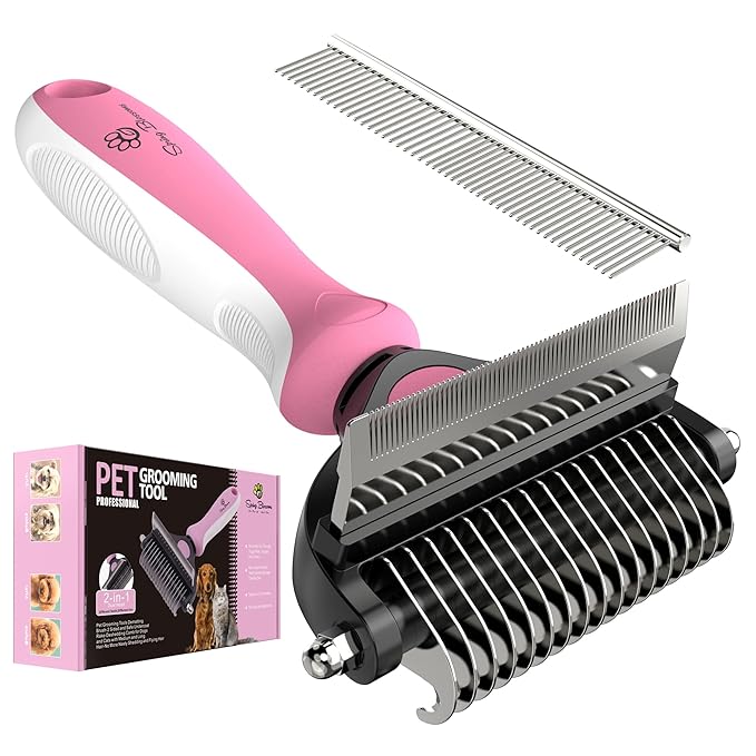Spring Blossoms-2 in 1 Professional Grooming Rake for Cats & Dogs-Dematting Comb for Easy Mats & Tangles Removing,Pet Brush Safe No More Nasty Shedding and Flying Hair (Purple)
