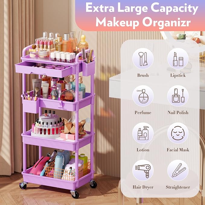 SUNALLY Makeup Cart Organizer with Drawer,4 Tier Rolling Makeup Cart,Purple | Rolling Vanity Storage for Skin Care Perfume Nail Polish, Floor Skincare Organizers Cosmetics Display Bathroom Storage Cart
