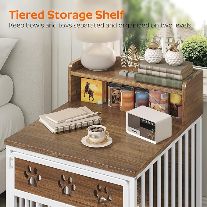 YATINEY Dog Crate Furniture, Wooden Dog Kennel with Storage, Indoor Pet Crate End Table, Two-Tier Small Dogs House, Chew-Proof, for Living Room, Bedroom, White and Walnut DC01WH
