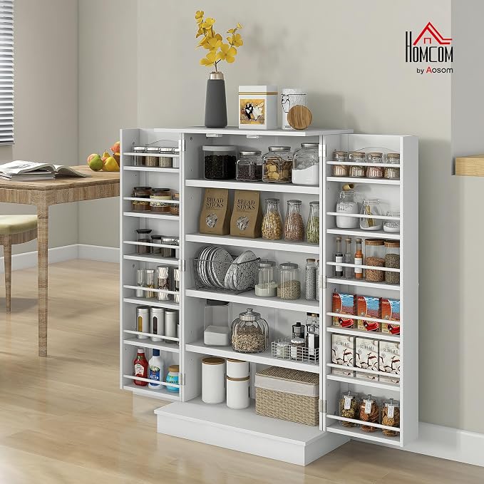 HOMCOM 41" Kitchen Pantry Storage Cabinet 12 Door Shelves White | Freestanding Kitchen Cabinet, 2 Doors, 5-Tier Shelving, Adjustable Shelves