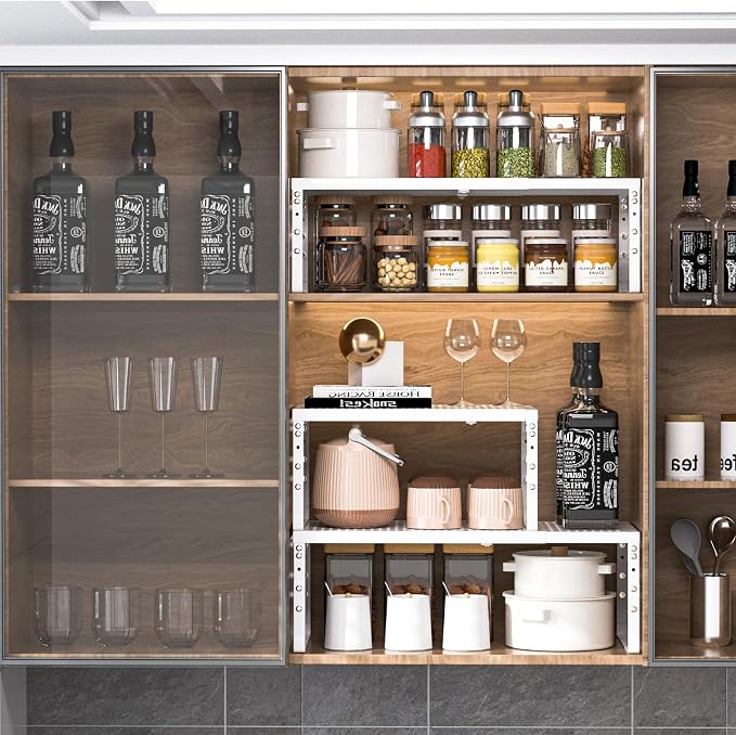 Expandable Adjustable Stackable Kitchen Organizer,Pantry Storage Shelves Racks,for cabinets Shelf, Kitchens, countertops, bathrooms,RV(2Packs/White,Medium)