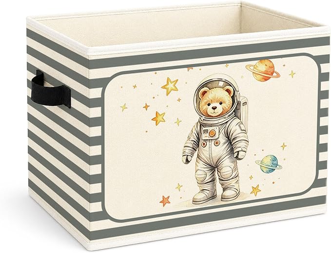 Astronaut Bear Storage Bin, Blue Gray Stripe Foldable Fabric Basket | Space teddy bear collapsible fabric organizer for nursery, bedroom, playroom, toys, books, and clothes
