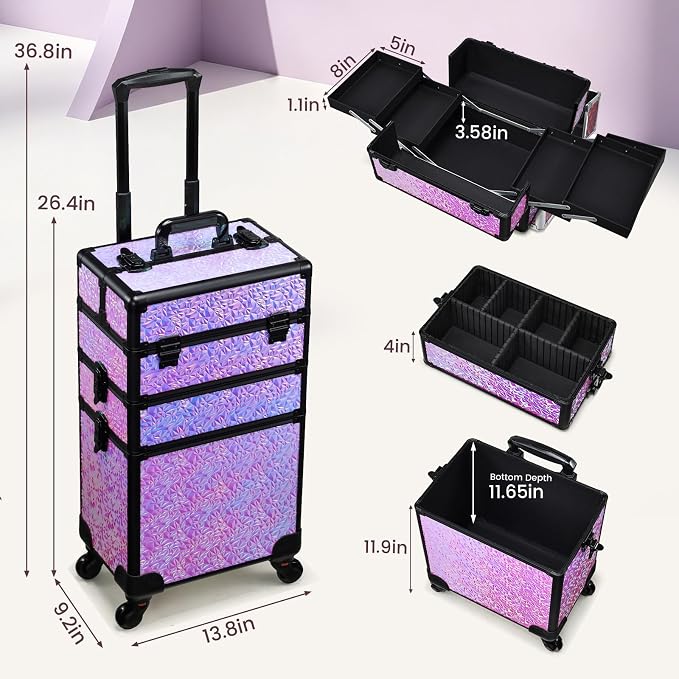 3 in 1 Rolling Makeup Train Case Professional Cosmetic Trolley Large Storage with Keys Swivel Wheels Salon Barber Case Traveling Cart Trunk for Make Up Hairstylists Nail Tech, Shiny Purple