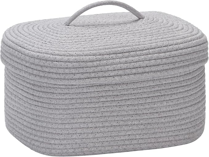 Sea Team Oval Storage Basket, Woven Cotton Rope Basket with Lid, Gray | Decorative Knitted Storage Bin, Multi-Purpose Lidded Organizer for Closet Shelves, Nursery and Household Storage