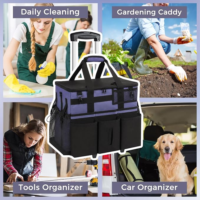 SCAVATA Rolling Cleaning Caddy Bag with Detachable Trolley, Large Cleaning Supplies Organizer with Wheels, Multi-Pocket Cleaning Cart with Adjustable Shoulder Strap for Housekeepers (CeruleanBlue)