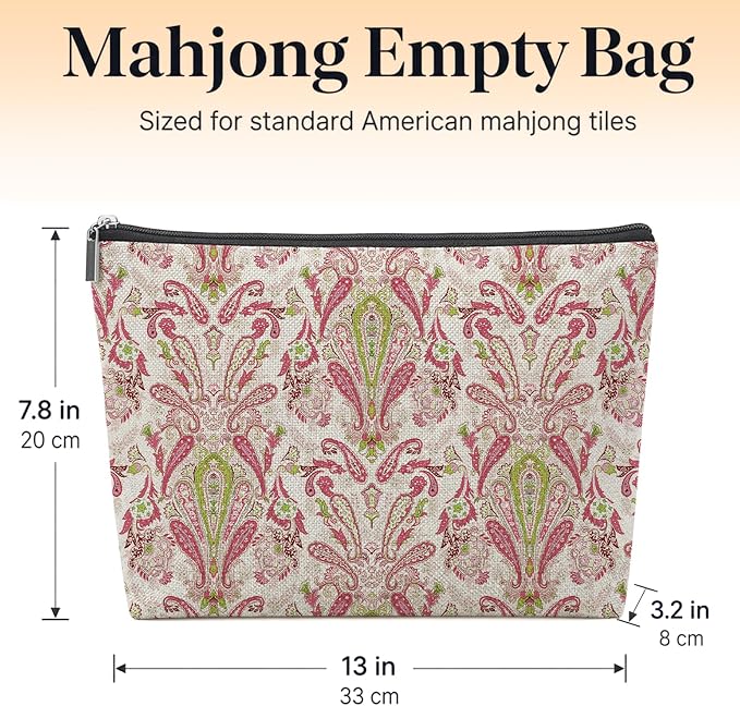 Boho Pink Paisley Empty Mahjong Tile Bag 13x7.8 Inch | Pink Green Floral Portable Travel Case Organizer Zipper Pouch for American Mahjong Tiles Game Night Accessories and Gifts