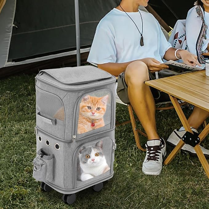 2-Tier Rolling Pet Carrier for Cats & Dogs, Removable Divider, Telescopic Handle, 4 Wheels, Breathable Mesh, Foldable, Large Portable Travel Crate with Side Pockets, 22lbs Capacity