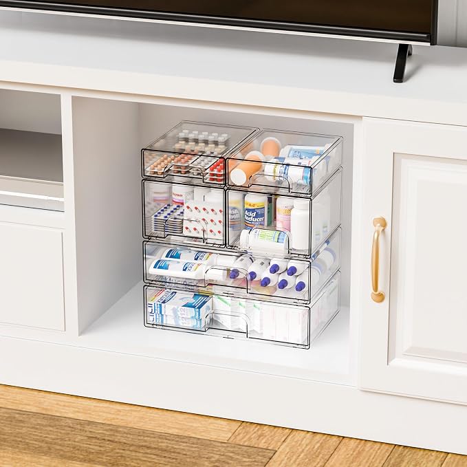 Yieach Clear Stackable Storage Drawers - Set of 6 - Acrylic Drawers,Bathroom Organizer Bin and Plastic Makeup Organizer,Clear Stacking Brightroom Storage Boxes for Vanity,Cabinet,Pantry Organization