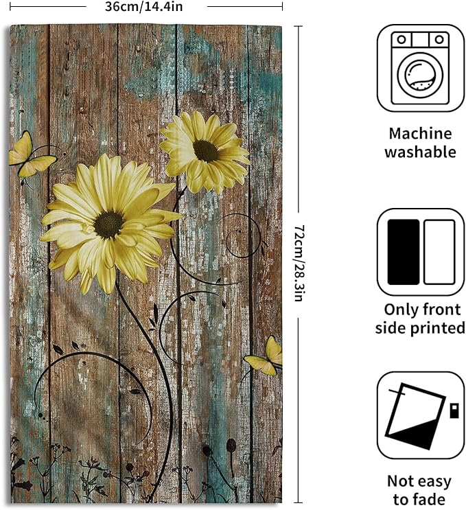 Giwawa Rustic Barn Sunflower Wooden Hand Towel 15x30 Set of 2, Fall Yellow Daisy Flower Plank Fingertip Towel Retro Board Face Towel Country Barnwood Washcloth for Bathroom Farmhouse Log Cabin