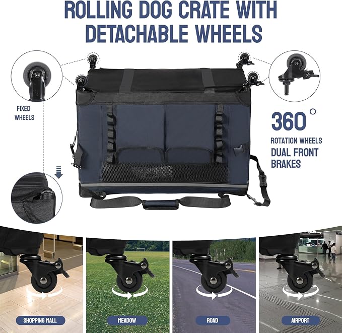 PEGIC 24" Collapsible Rolling Dog Crate for Small Dogs Up to 33 lbs | Detachable Wheel Pet Carrier, Soft-Sided Travel Kennel, Mesh Windows, Foldable for Car, Vet Visits & Road Trips, Indoor Use