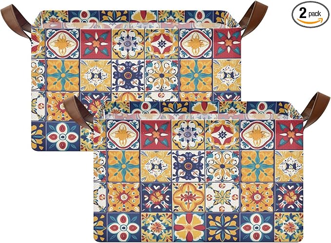 Mexican Spanish Style Colorful Tile Pattern Storage Bins for Shelves with Labels&Handles Fabric Organizer Bin Foldable Rectangle Storage Basket Boxes for Closet, Bathroom, Home, Living Room, 2 Pack