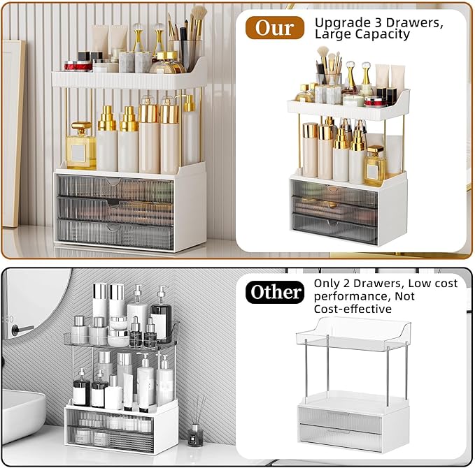 StorBin Arcylic 5-Tier Makeup & Skincare Organizer for Vanity, Bath | Smooth 3 drawers, clear body, gold frame, non-slip, for perfumes, serums, face masks, palettes, vanity & bath counter,Grey