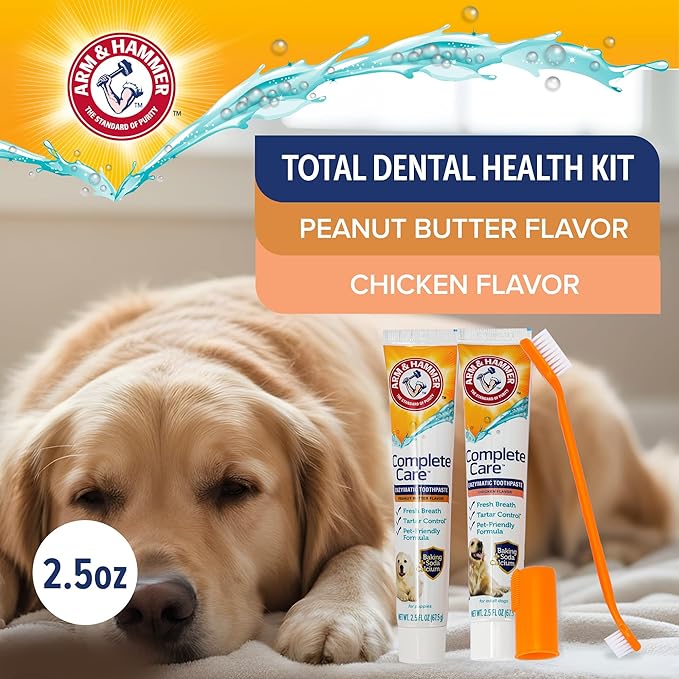 Arm & Hammer Complete Care Dog Dental Kit with Two Flavors: Chicken & Peanut Butter Enzymatic Dog Toothpaste, Toothbrush, & Finger Brush, Baking Soda + Calcium, 2.5oz Each