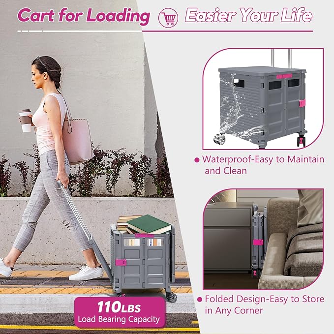 FELICON SELORSS Folding Utility Cart Portable Rolling Crate Handcart-Gray | Adjustable Handle+Extended Magnetic Lid,Storage Basket Box,4 Swivel Wheels Tote for Teacher Move Shop Travel Grocery Office