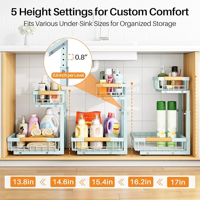 PXRACK Under Sink Organizer, Adjustable Height, 2 Tier Pull Out Under Cabinet Organizer, Slide Out Thickened Metal Under Sink Storage for Kitchen Bathroom Laundry Pantry Cabinet, Blue, Large-2-Pack