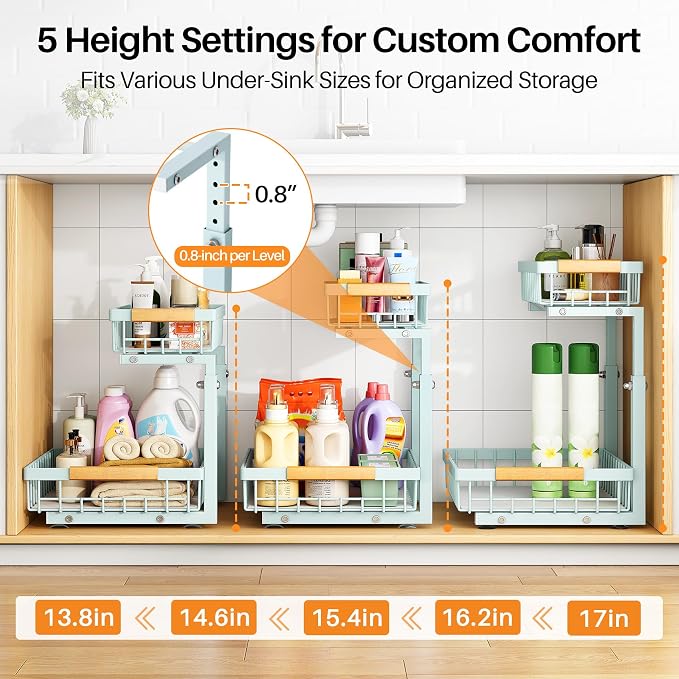 PXRACK Under Sink Organizer, Adjustable Height, 2 Tier Pull Out Under Cabinet Organizer, Slide Out Thickened Metal Under Sink Storage for Kitchen Bathroom Laundry Pantry Cabinet, Blue, Large-1-Pack