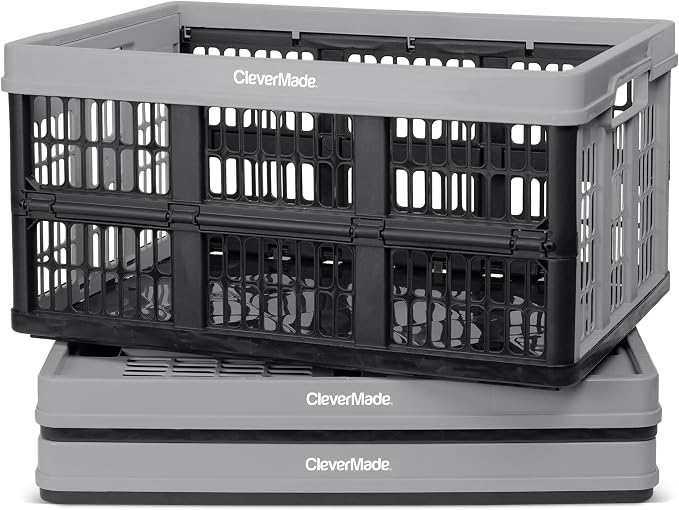 CleverMade Collapsible Utility Crate (Recycled) - 45L - Stone (3PK) | Create Stackable Order for Groceries, Tools, and Gear | Each Crate Holds 66 lb, Folds Under 3 Inches, and Carries Easily