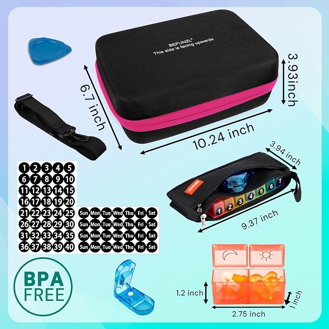 Monthly Pill Organizer, Medicine Organizer Box with Portable Hard Shell and Pill Cutter, 31 Day Pill Holder with Weekly Pill Bag (Rose red, 2 Times a Day)